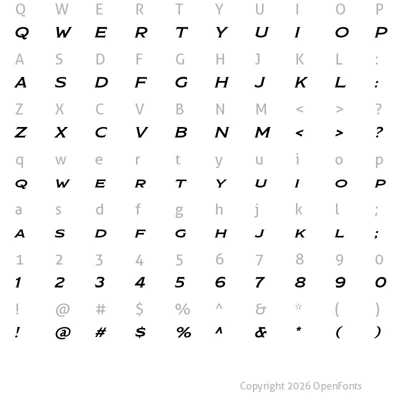 Character Map of ModestoLite Expanded Italic