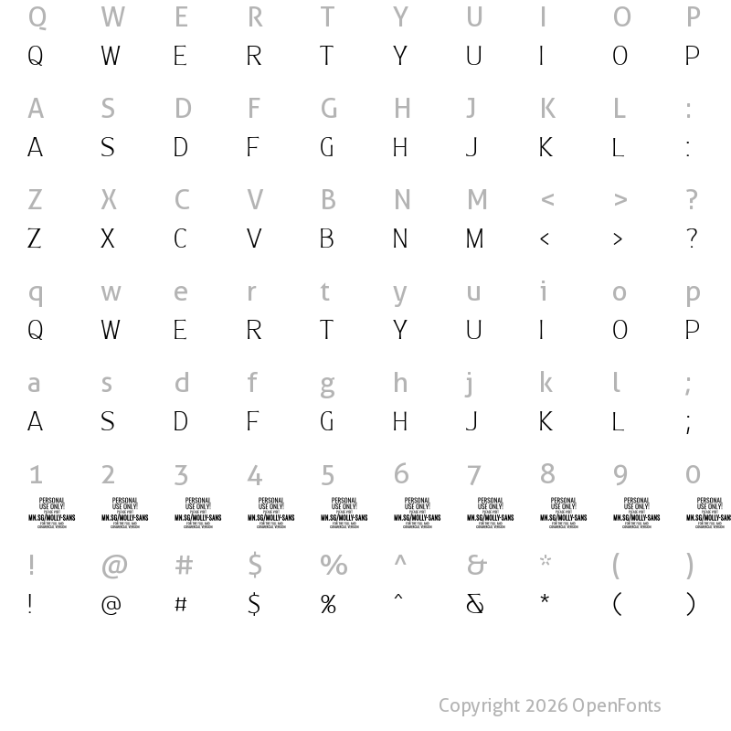 Character Map of Molly Sans C PERSONAL Thin
