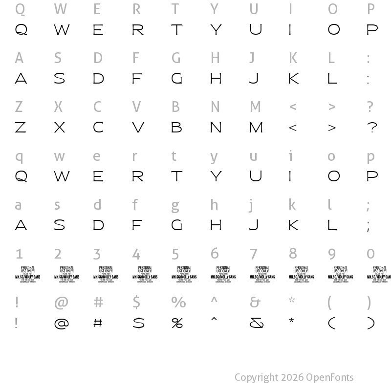 Character Map of Molly Sans E PERSONAL Thin