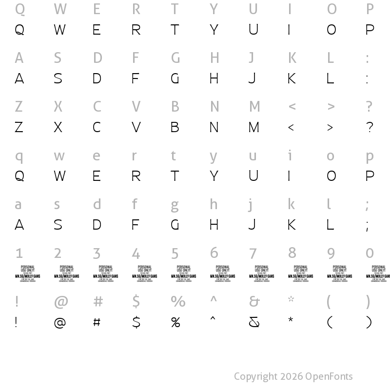 Character Map of Molly Sans N PERSONAL Thin