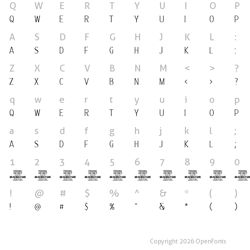 Character Map of Molly Sans XC PERSONAL Thin