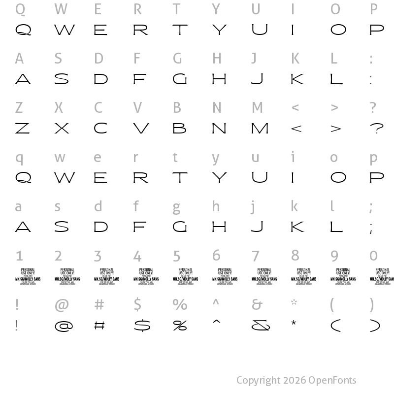 Character Map of Molly Sans XE PERSONAL Thin