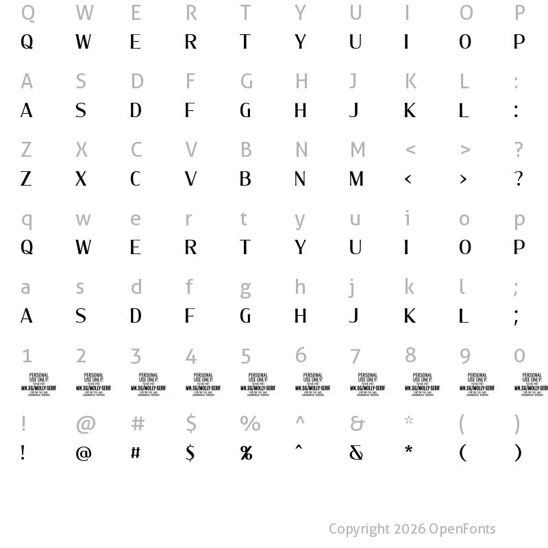 Character Map of Molly Serif C PERSONAL Medium
