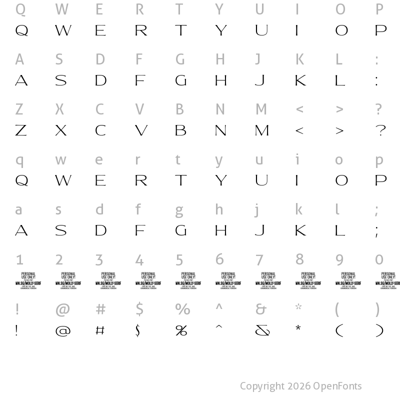 Character Map of Molly Serif E PERSONAL Thin