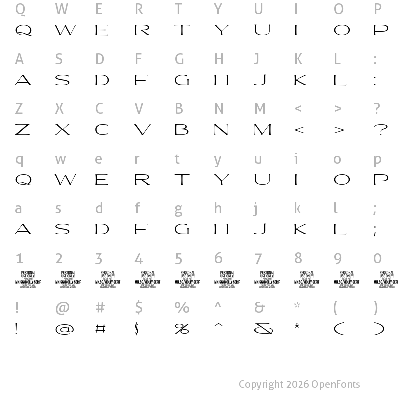 Character Map of Molly Serif XE PERSONAL Thin