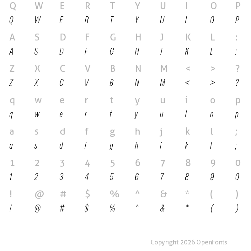 Character Map of Mona-Sans Light Narrow Italic