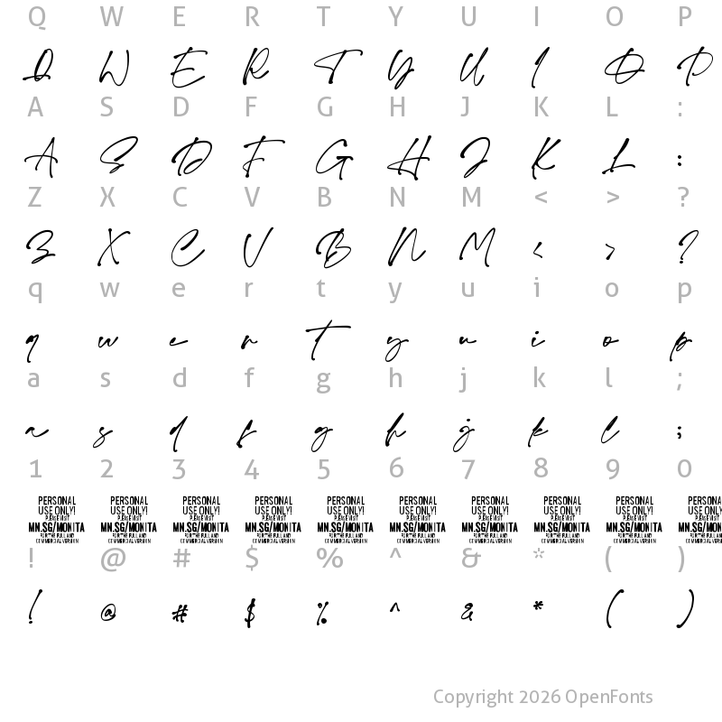 Character Map of Monita Signature PERSONAL USE Bold