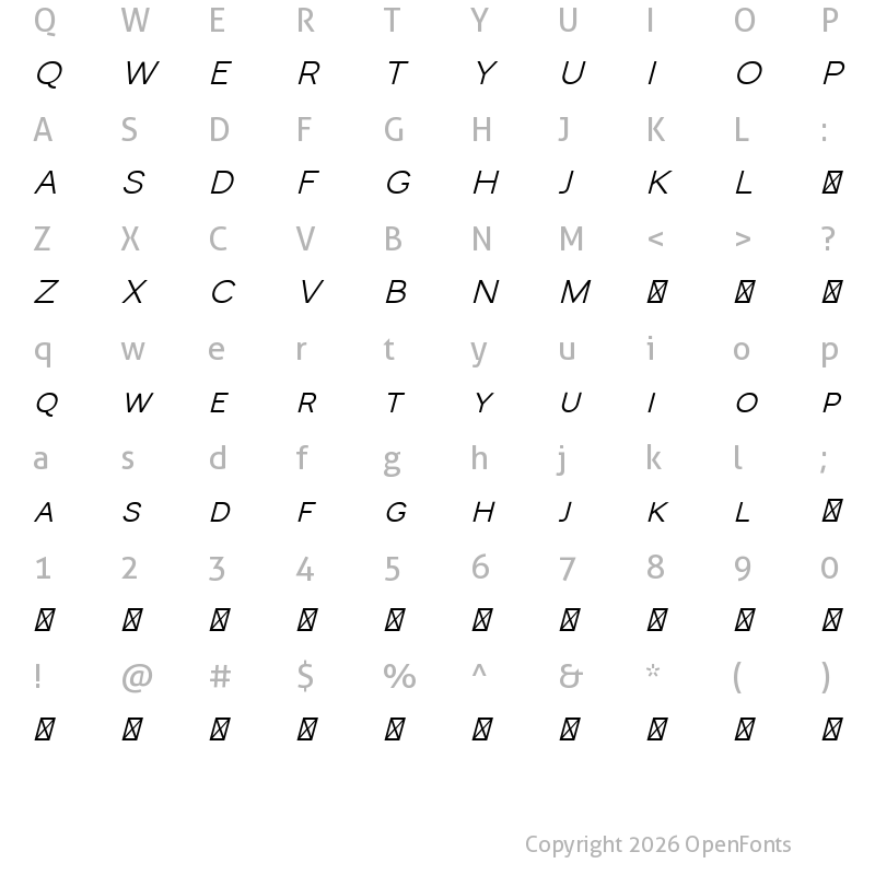 Character Map of Monocole Free Semi Bold Italic