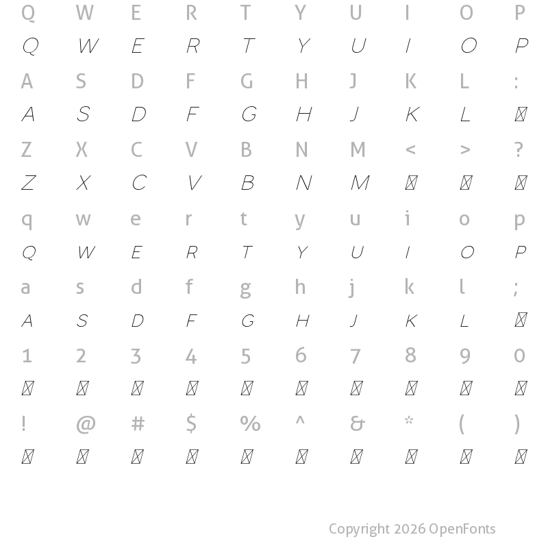 Character Map of Monocole Free Thin Italic