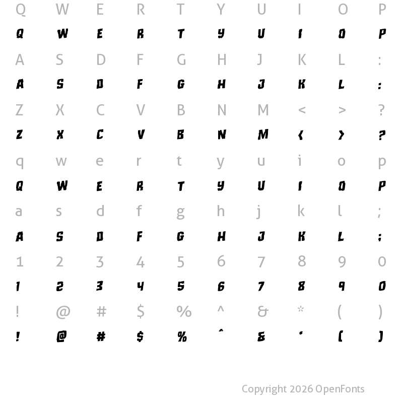 Character Map of Monster Hunter Staggered Rotalic Italic
