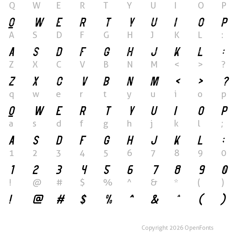 Character Map of Montelgo Sans Serif Italic