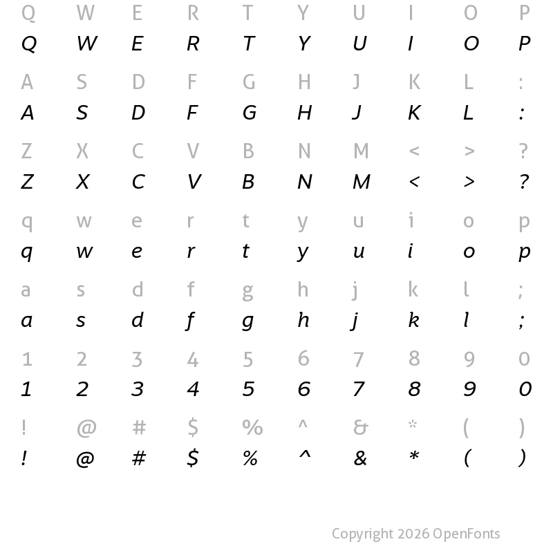 Character Map of Motiva Sans Regular Italic