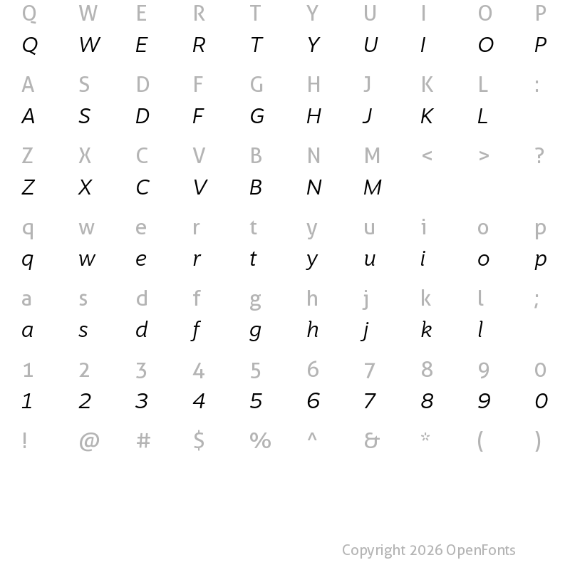 Character Map of Motiva Sans Test Light Italic