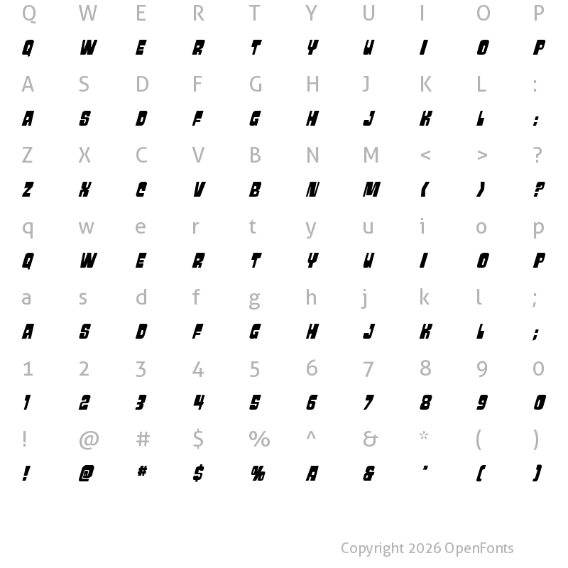Character Map of Movie Monster Super-Italic Regular