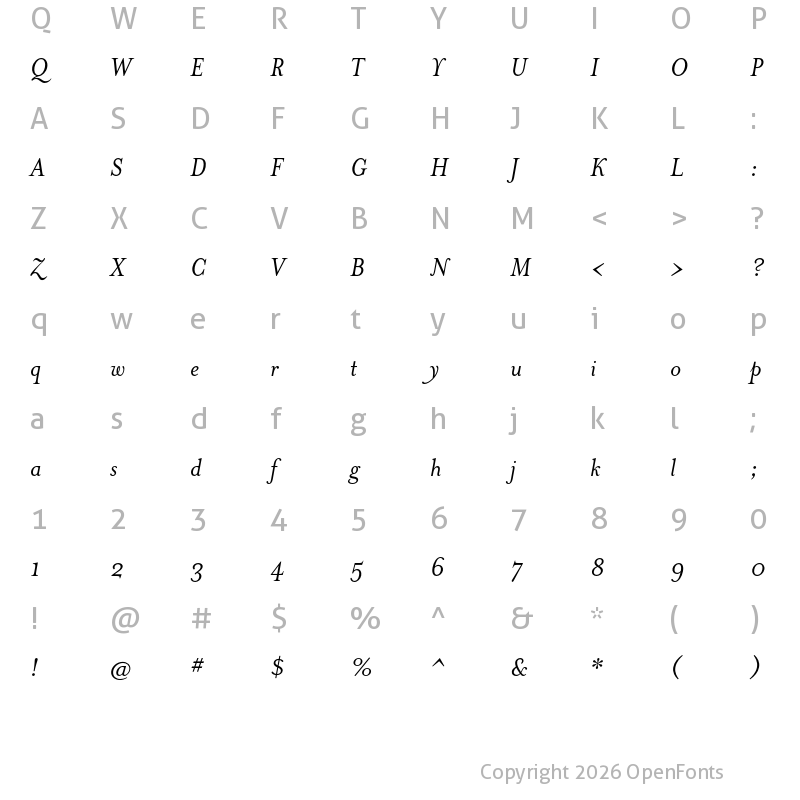 Character Map of Mrs Eaves OT Italic