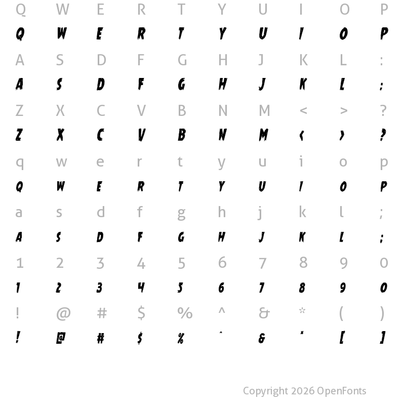 Character Map of Mrs. Monster Condensed Italic Condensed Italic