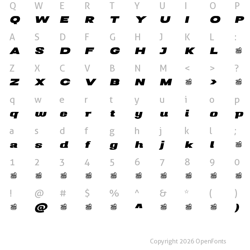 Character Map of Mugio Personal Use Black Slanted