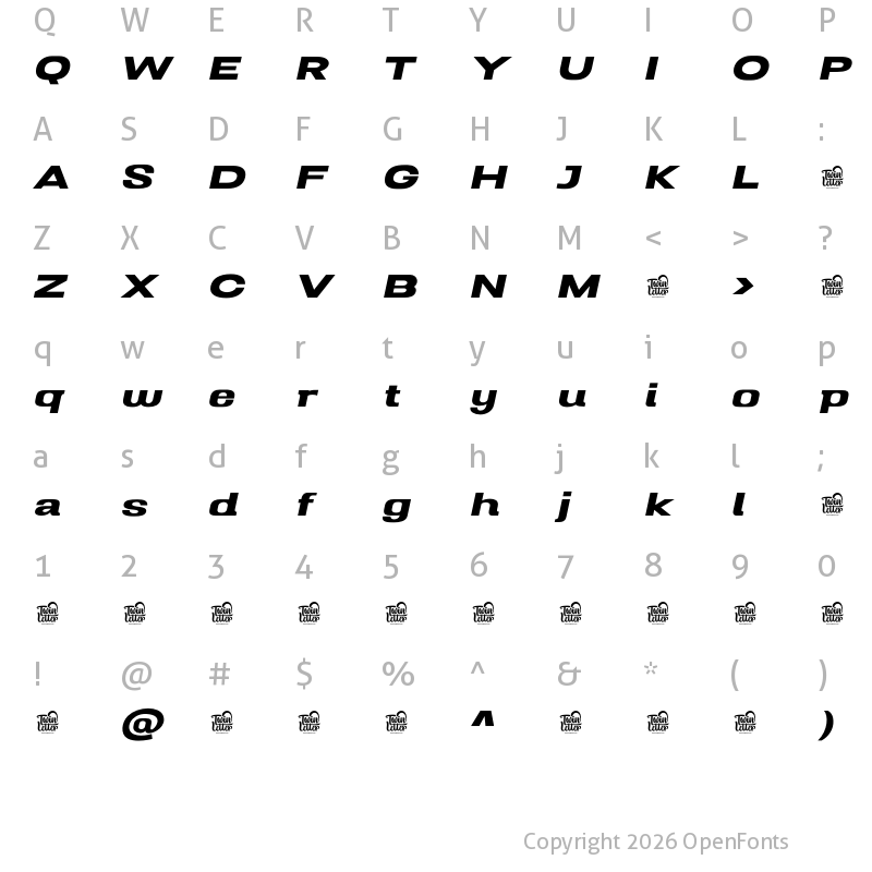 Character Map of Mugio Personal Use Bold Slanted