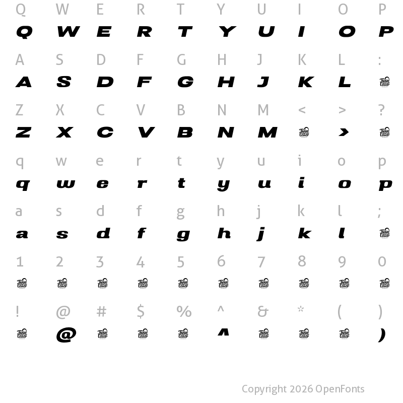 Character Map of Mugio Personal Use Extra Bold Slanted