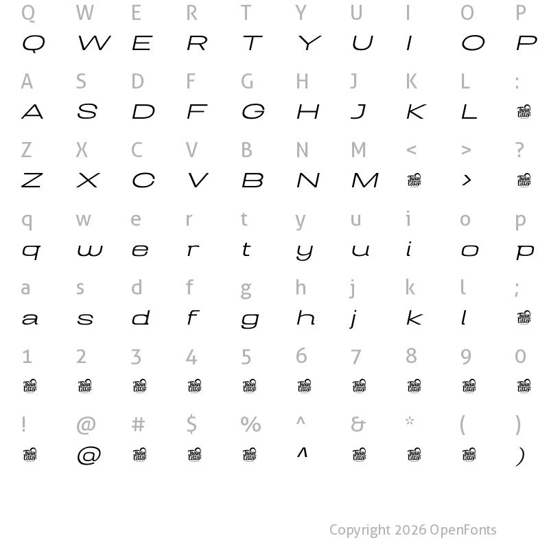 Character Map of Mugio Personal Use Extra Light Slanted