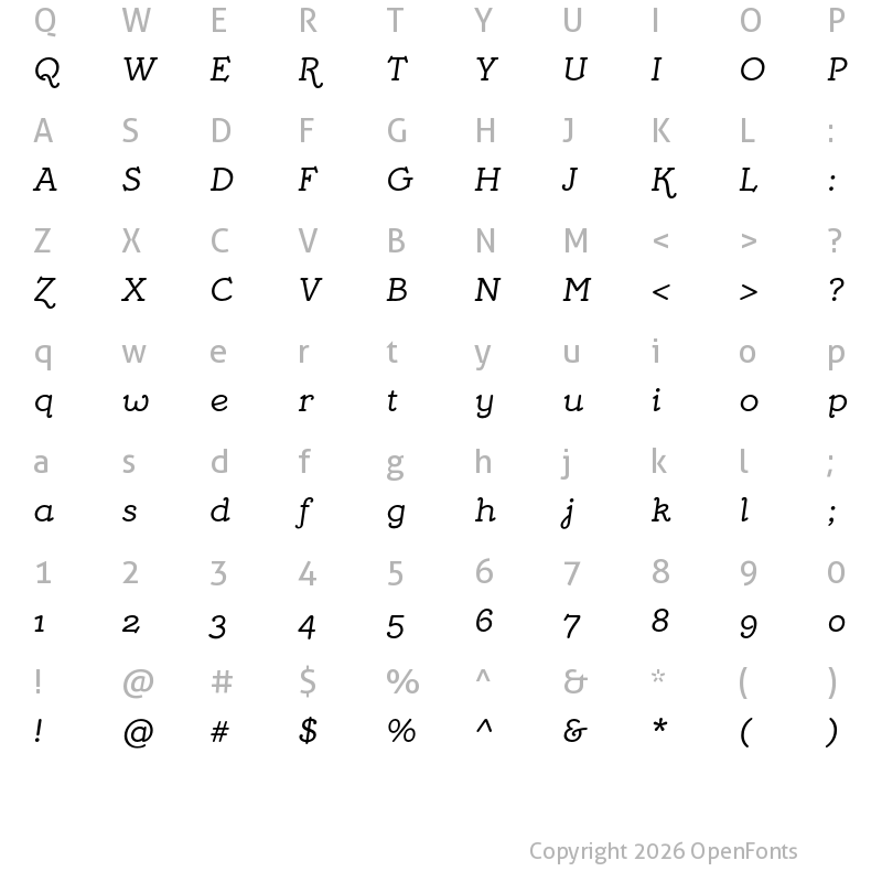 Character Map of Mymra Piano Italic