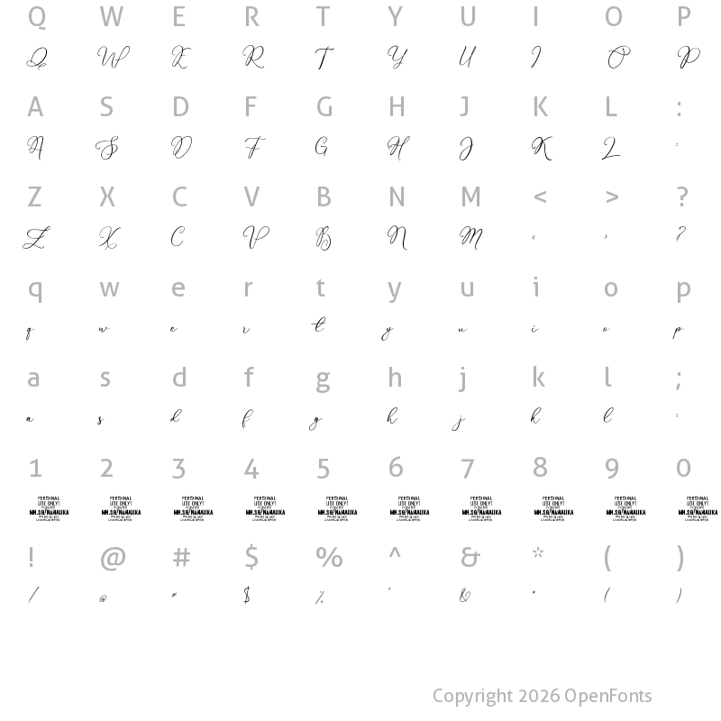 Character Map of Namalika PERSONAL USE ONLY Regular