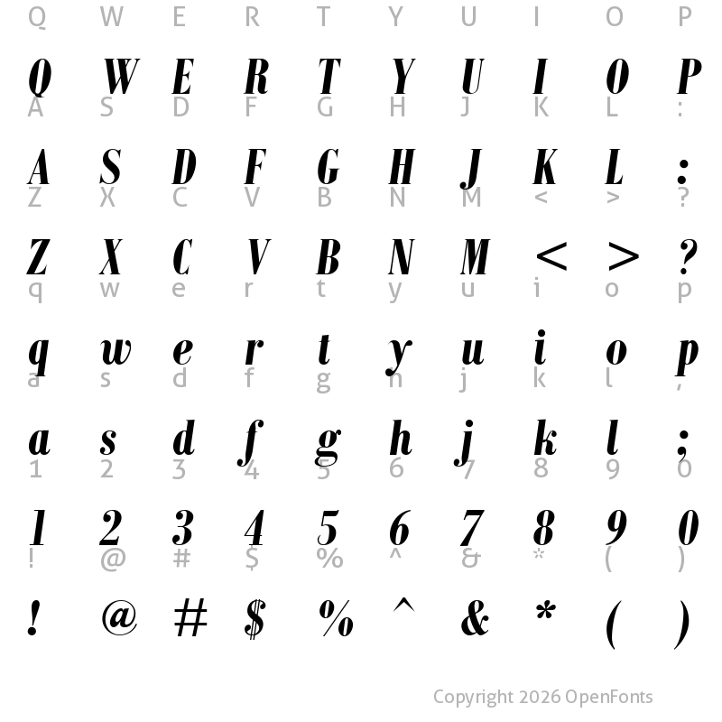 Character Map of Natural Fence Extra-condensed ExtraLight Italic