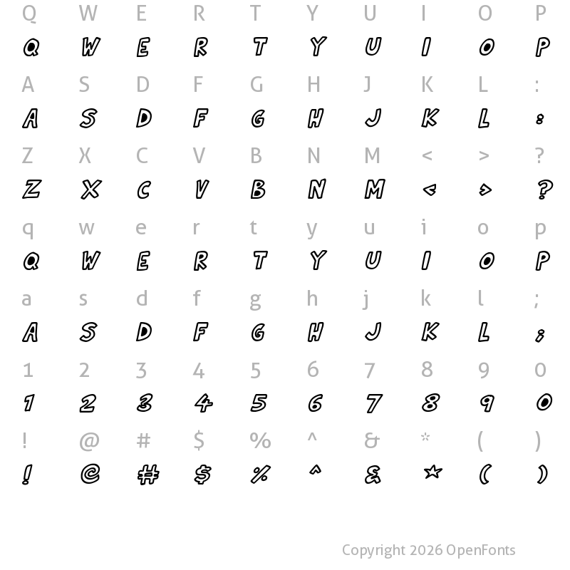 Character Map of Natural Toons Italic