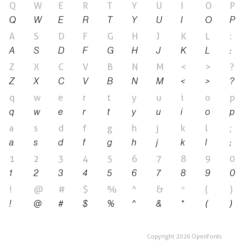 Character Map of Neue Haas Grotesk Display Pro 46 Light Italic