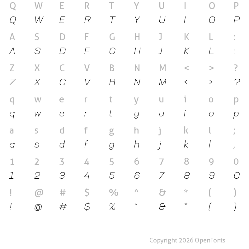 Character Map of Neusa Next Std Wide Light Italic