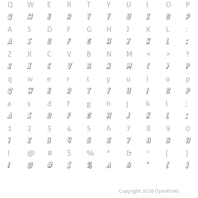 Character Map of New Comic Title 3D Italic Regular