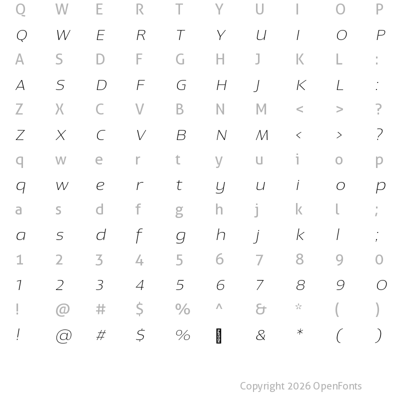 Character Map of Newbery Sans Pro Xp ExtraLight It
