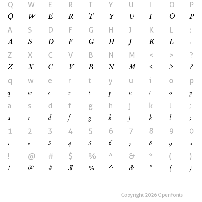Character Map of NicolasCocTReg Italic