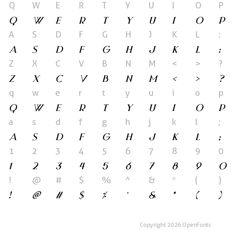 Character Map of Night Zone Italic
