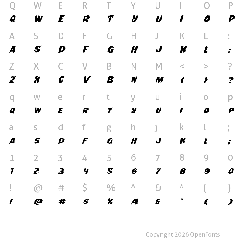 Character Map of Nightchilde Expanded Italic Expanded Italic