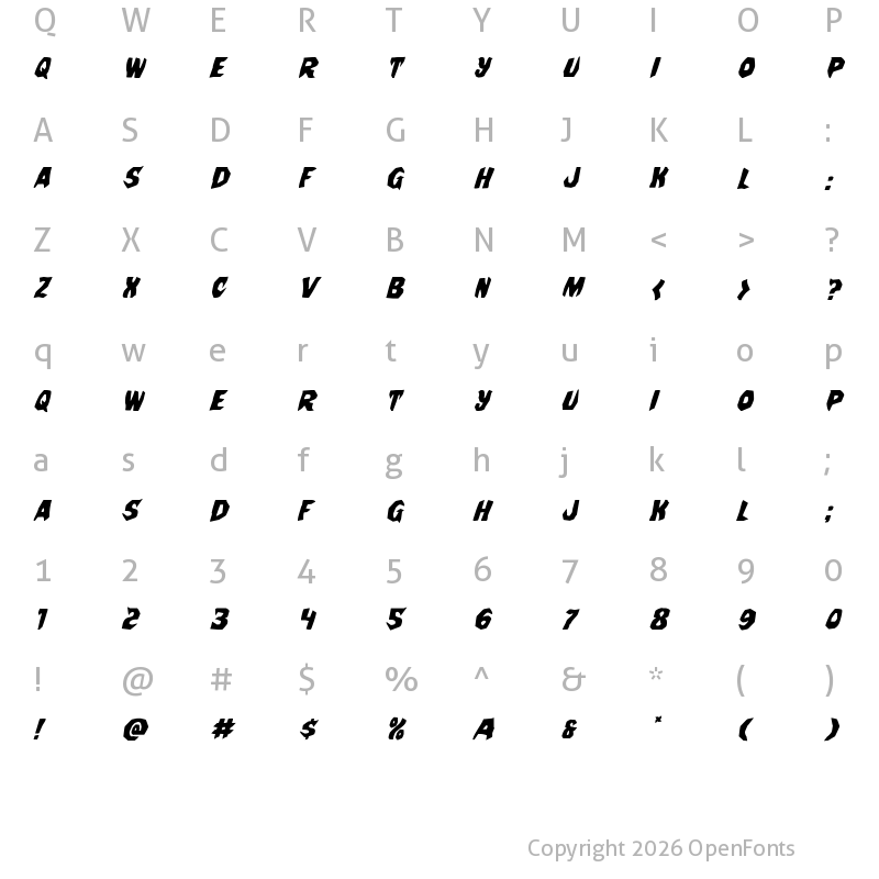 Character Map of Nightchilde Staggered Italic Italic