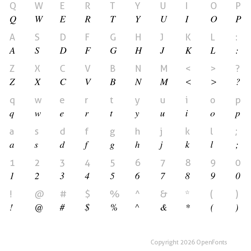 Character Map of Nimbus Roman No9 L Regular Italic