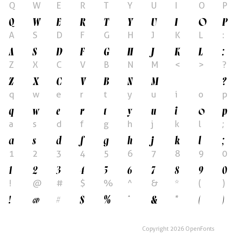 Character Map of Norman Stencil Fat Italic