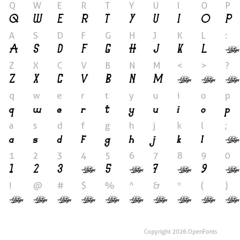 Character Map of Not Wanted Demo Italic