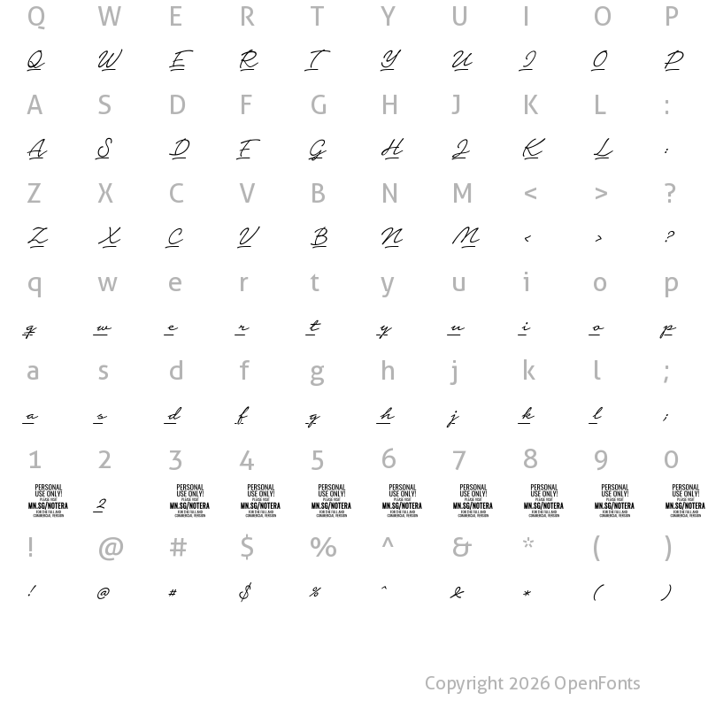 Character Map of Notera 2 Underline PERSONAL USE Light