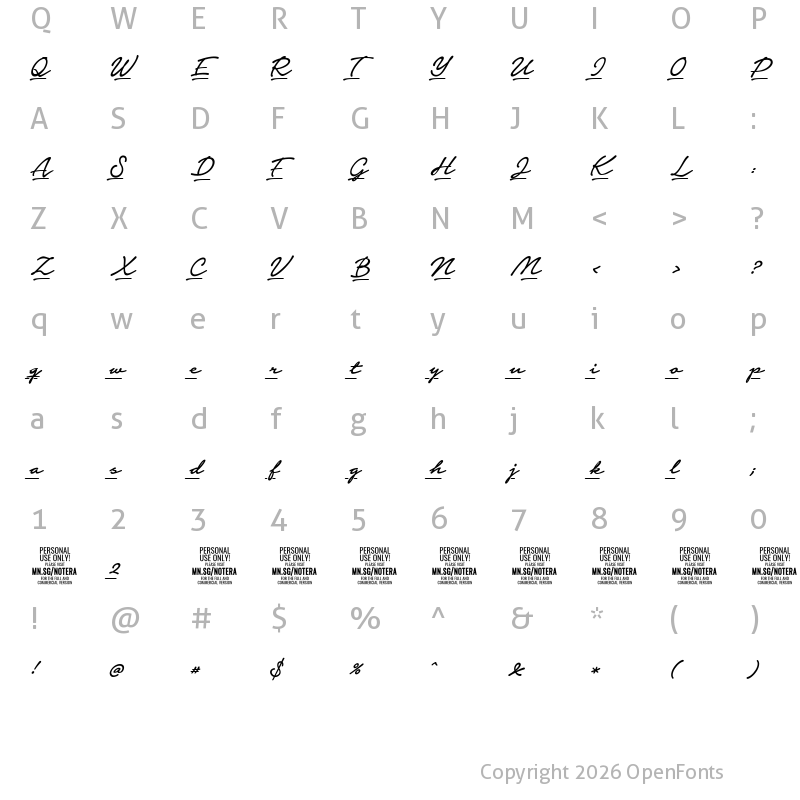 Character Map of Notera 2 Underline PERSONAL USE Medium