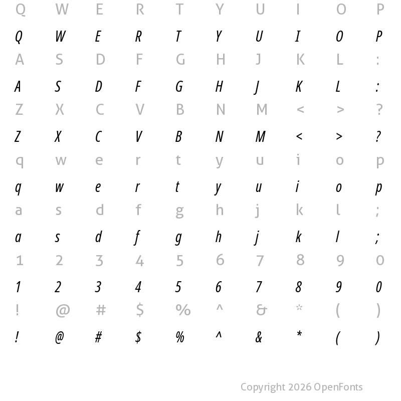 Character Map of Noto Sans Display ExtraCondensed Italic