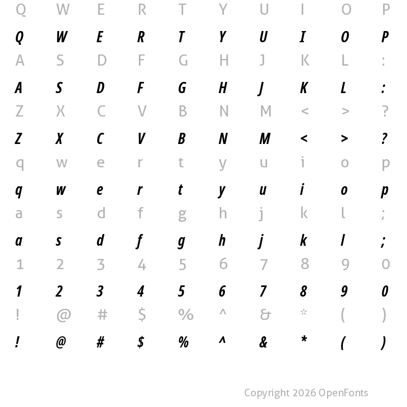 Character Map of Noto Sans ExtraCondensed Bold Italic