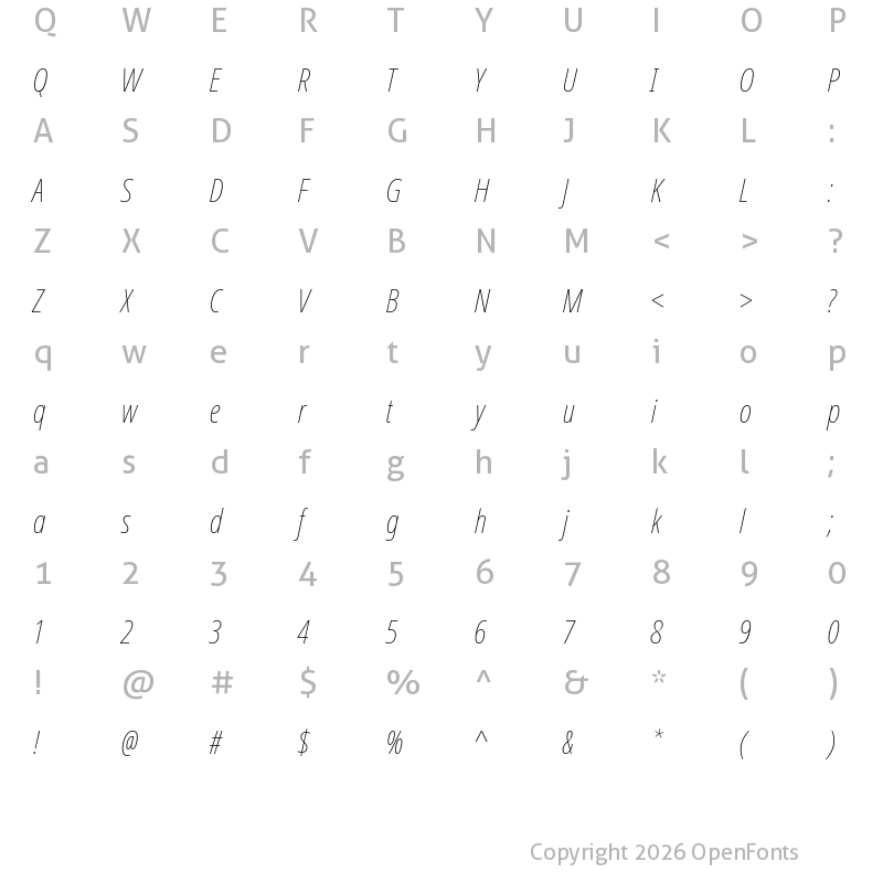 Character Map of Noto Sans ExtraCondensed Thin Italic