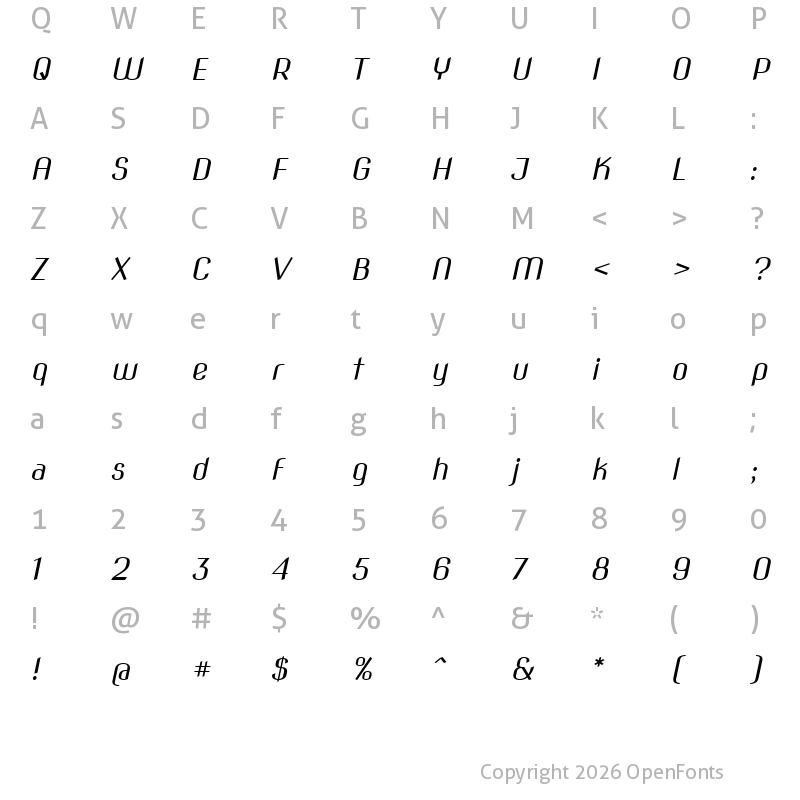 Character Map of Nova Flat Slim Book Oblique