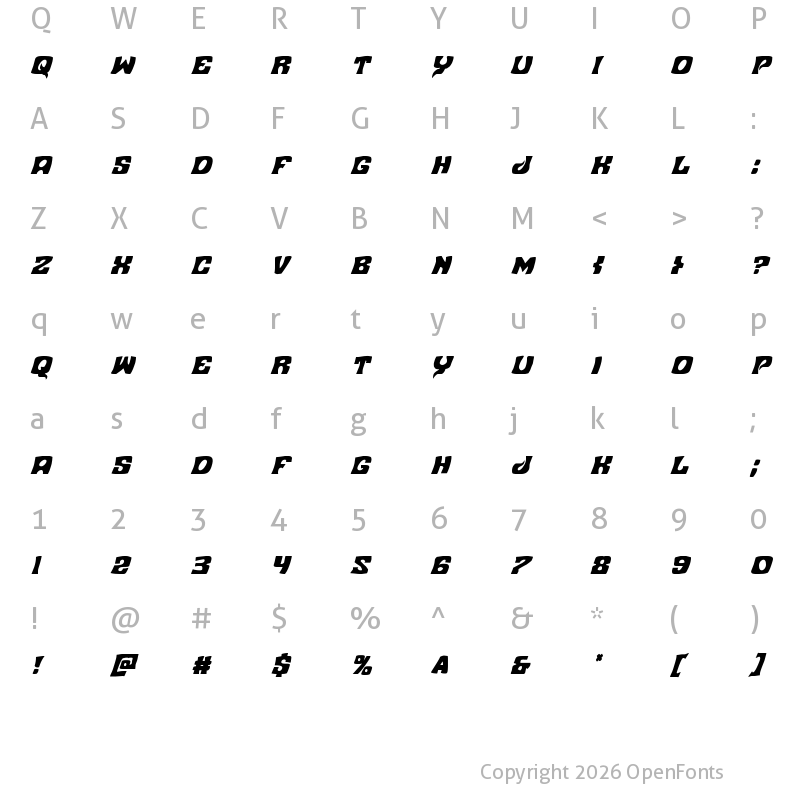 Character Map of Nuevo Passion Condensed Italic Condensed Italic