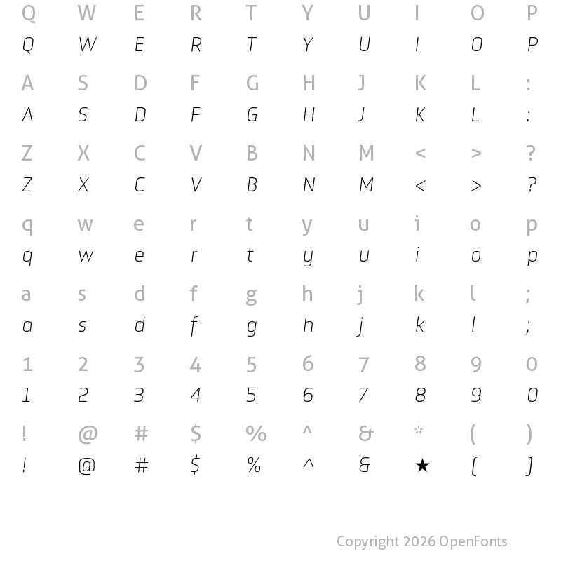 Character Map of Obvia Thin Italic