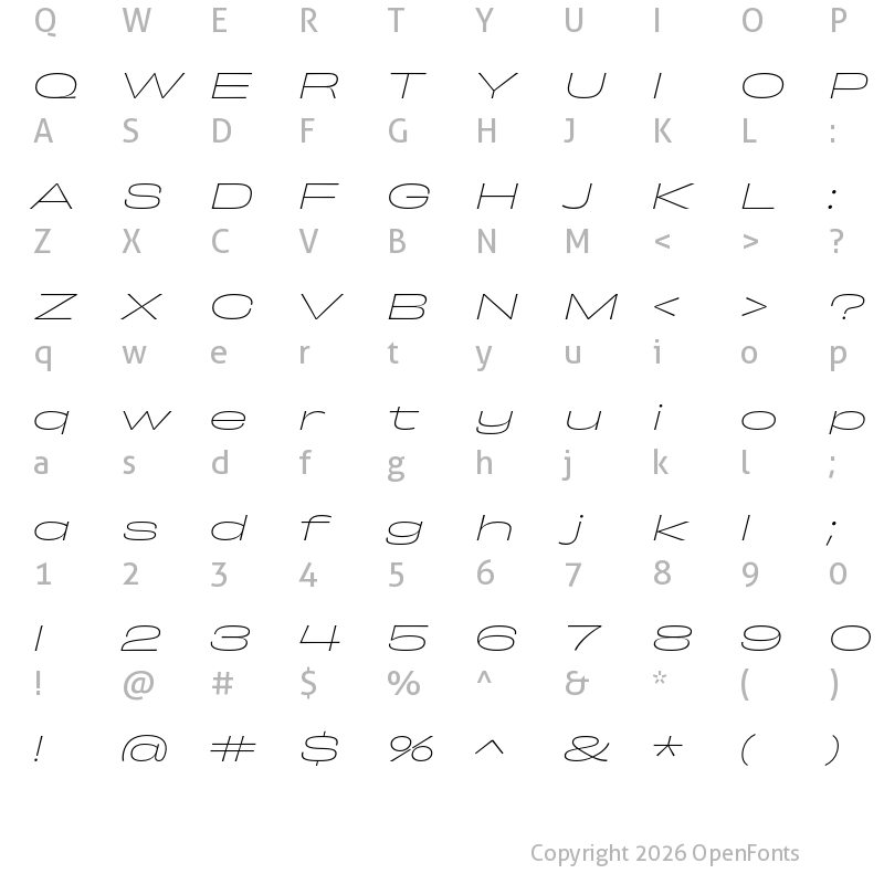 Character Map of Obviously Extended Thin Italic