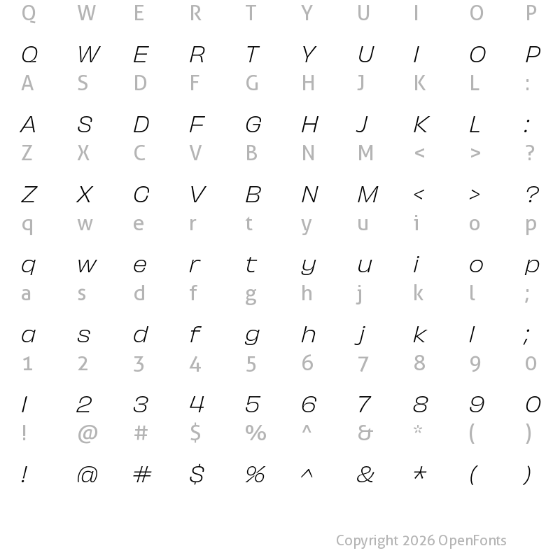Character Map of Obviously Light Italic
