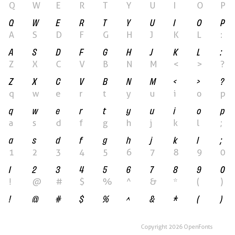 Character Map of Obviously Narrow Medium Italic